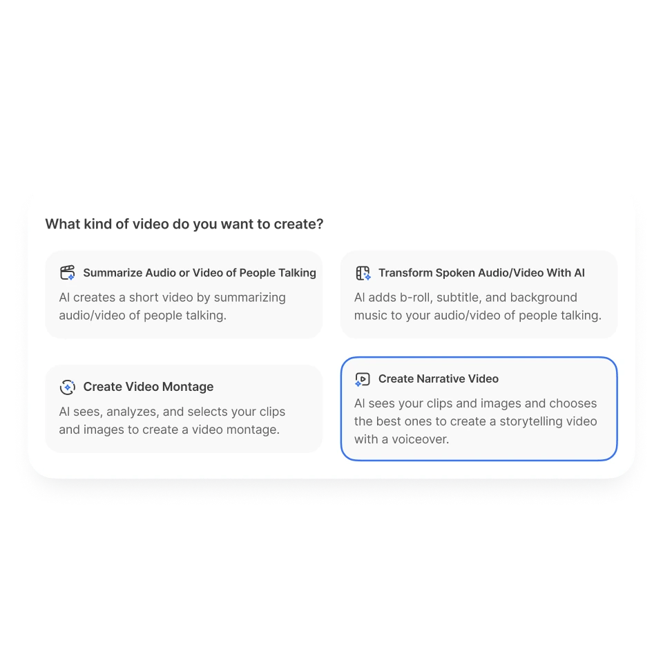 AI video generator organizes your clips into narrative-style videos, guiding viewers through a story with voiceover and visuals.
